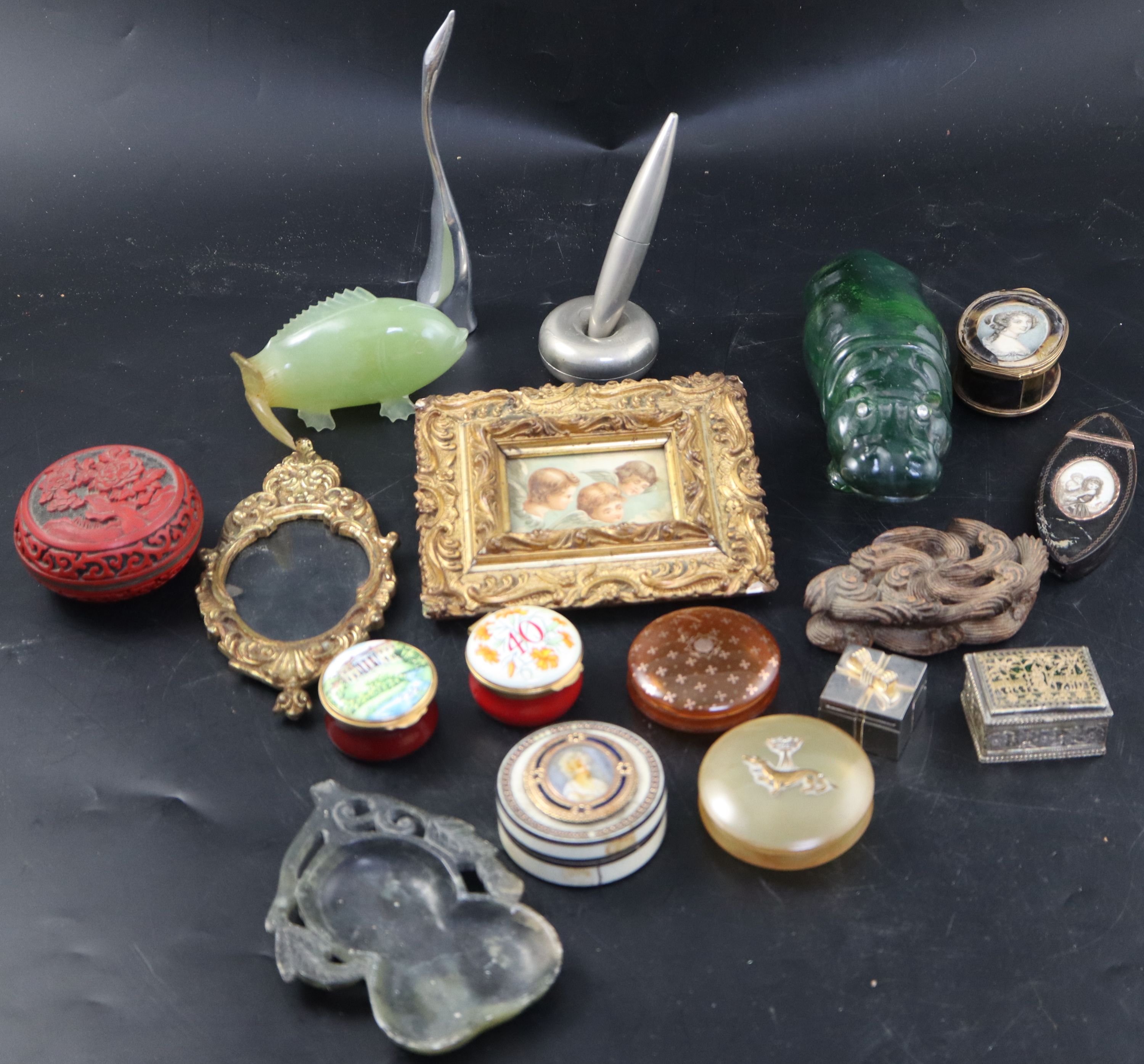 A group of assorted small boxes and objects dart including ivory and tortoiseshell